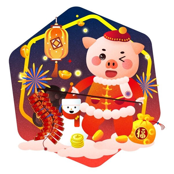 2019新年快乐猪放鞭炮形象原创矢量元素
