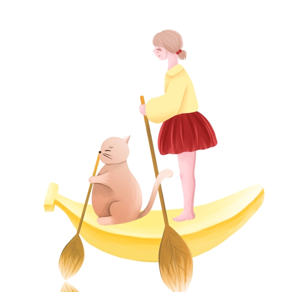 划船的女孩与小猫图案