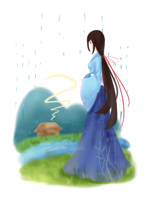 看雨景的小女孩插画