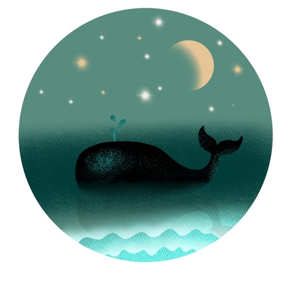 绿色渐变色背景海洋波浪鲸鱼月亮繁星