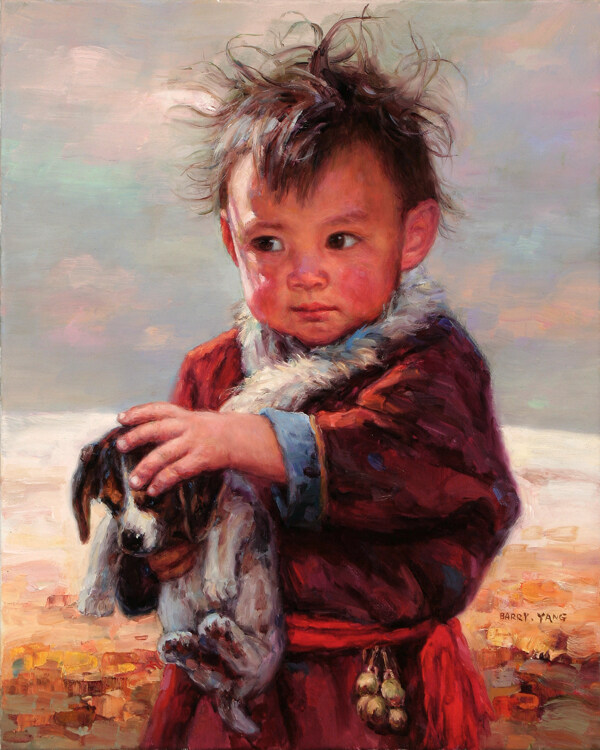 抱着小狗的男孩油画肖像图片
