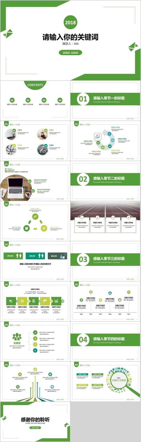 环保绿扁平化简约风工作汇报总结PPT模板