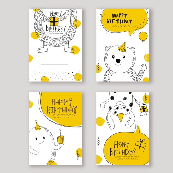带有动物和黄色细节的生日贺卡