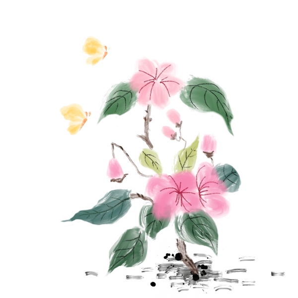 水墨粉色花朵插画