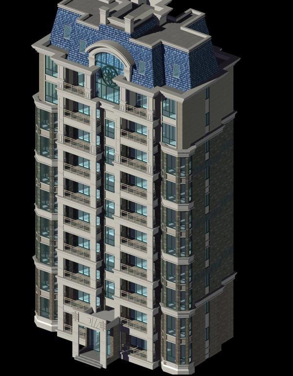 独栋坡顶十层塔式住宅楼3D模型