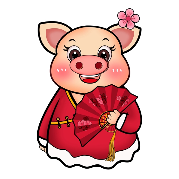 中国风拿着折扇的猪猪女孩