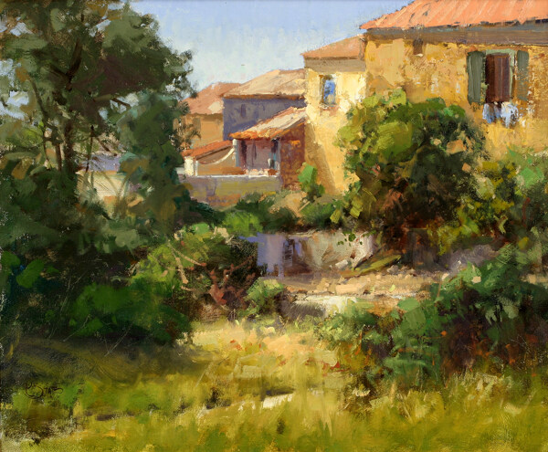 阳光明媚的村屋和绿树油画图片