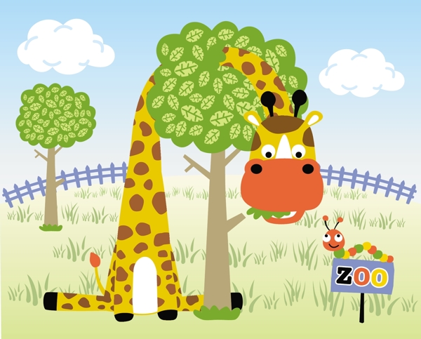 可爱动物园长颈鹿儿童插画