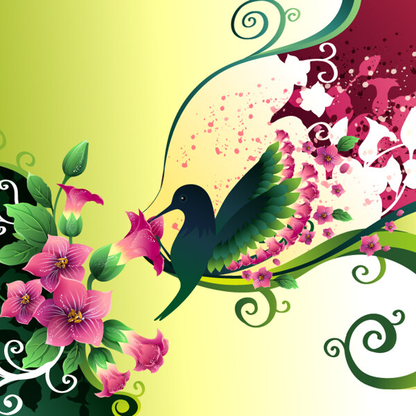 印花矢量图植物花朵蜂鸟色彩免费素材