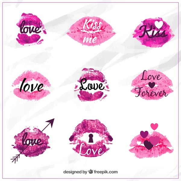 9款紫色水彩LOVE唇印设计矢量素材