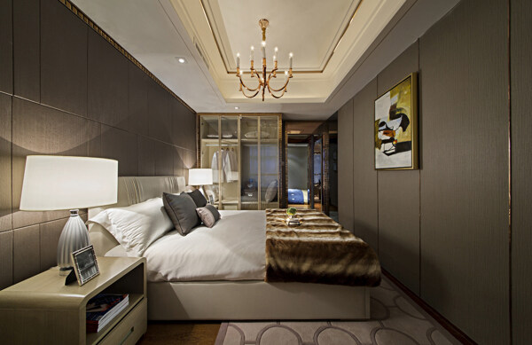 现代简约时尚卧室金色毯子室内装修效果图
