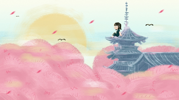 小女孩日本旅行清水寺手绘插画海报落日氛围
