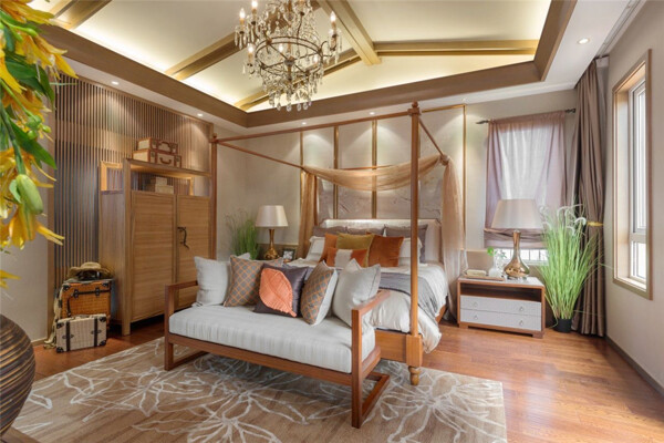 东南亚时尚卧室白色水晶灯室内装修效果图