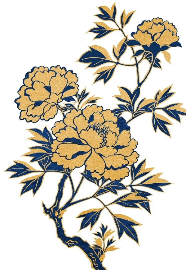中式金色牡丹描边蓝色花叶子图片