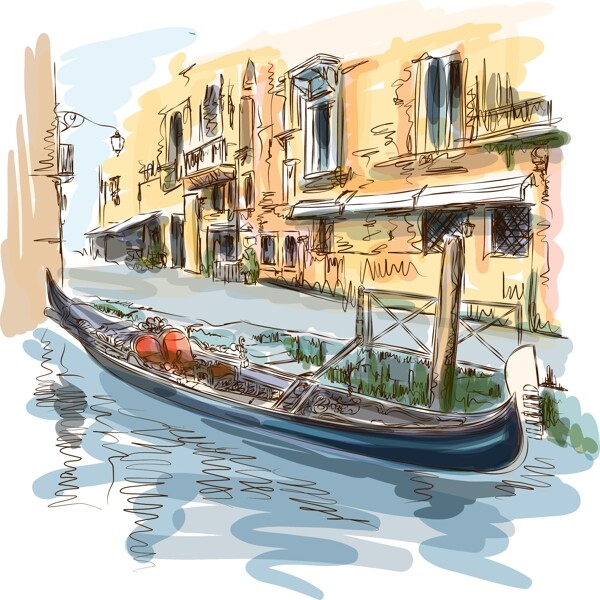 淡彩手绘威尼斯码头风景插画
