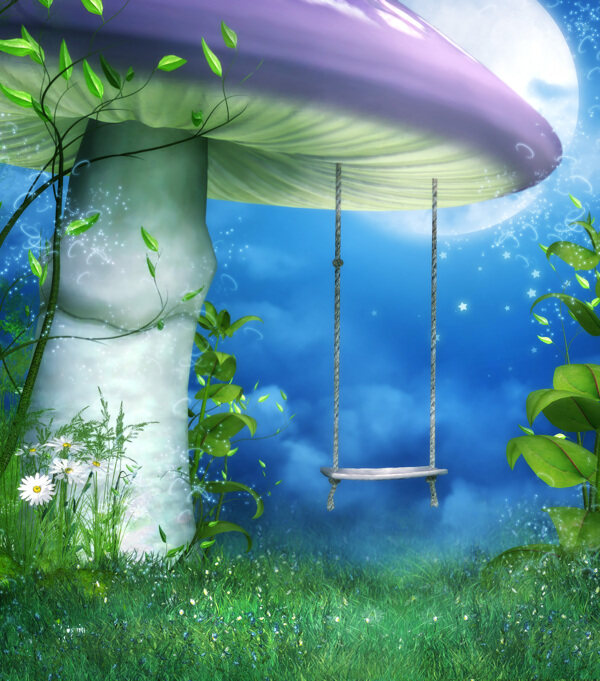 童话背景蘑菇秋千绿叶草地图片