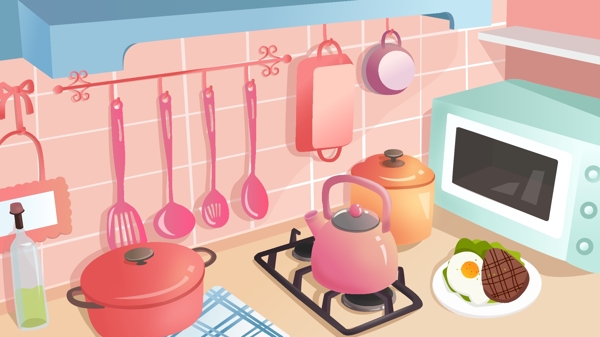 厨房生活厨具粉色插画早餐牛排矢量图