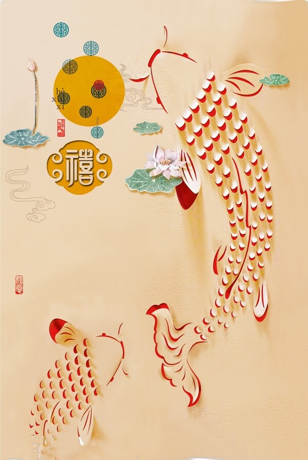 中国风剪纸风金鱼猪年背景素材
