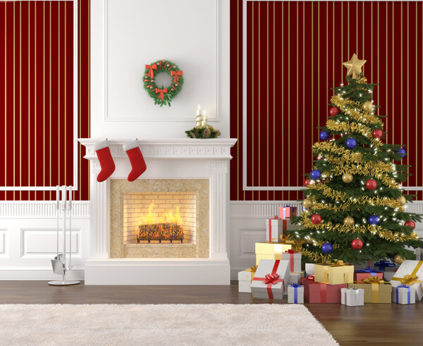 壁炉挂毯和圣诞树图片