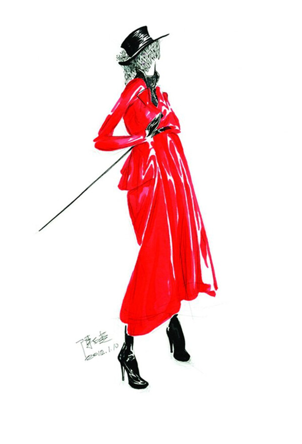 红色休闲长裙设计图