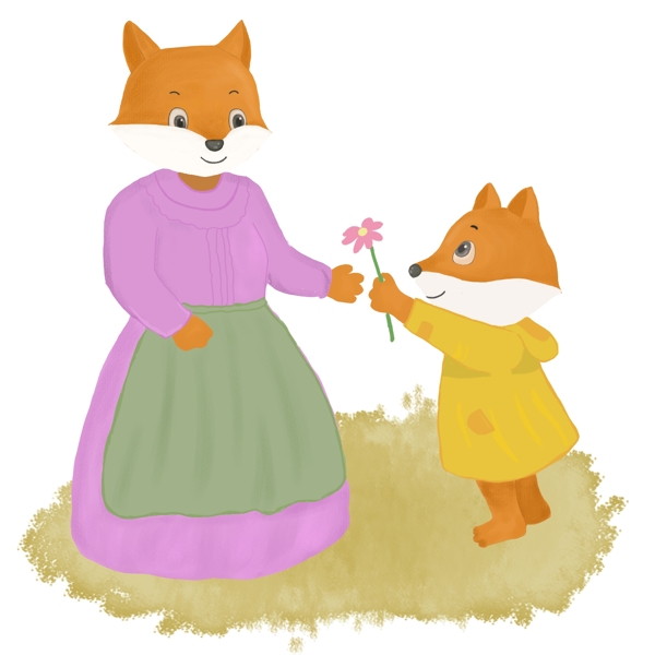送给妈妈鲜花的小狐狸插画图片