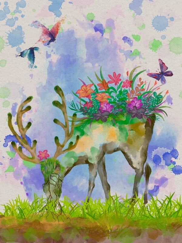 繁花与鹿创意水彩插画