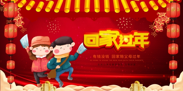 红色新年中国风回家过年展板