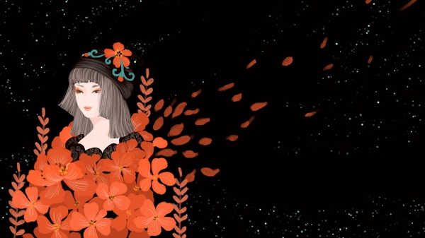 红色花朵围绕的卡通漂亮女孩背景