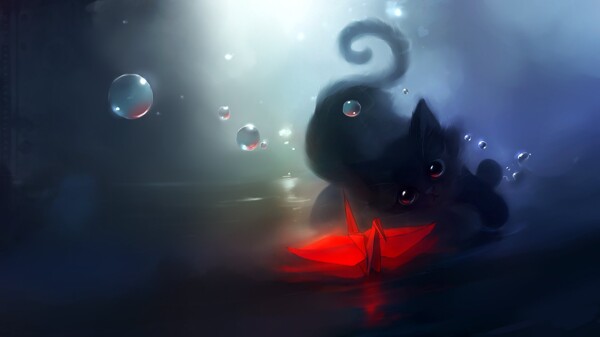 水彩插画之夜幕下的小黑猫