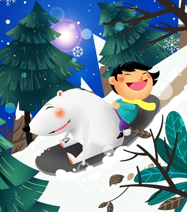 冬季滑雪场地白熊与小孩的欢乐