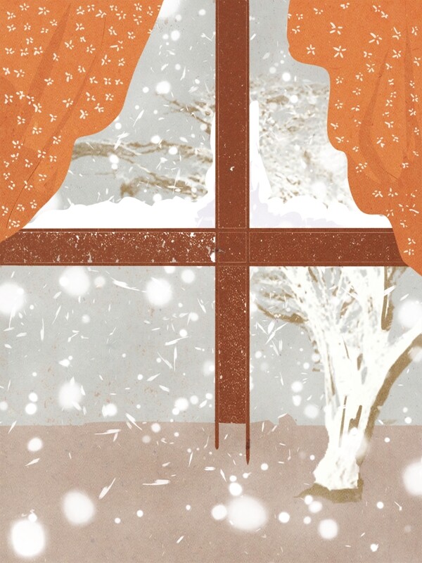 手绘冬季下雪窗户背景设计