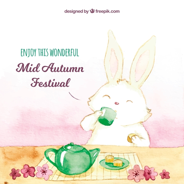 一只兔子喝茶中秋节