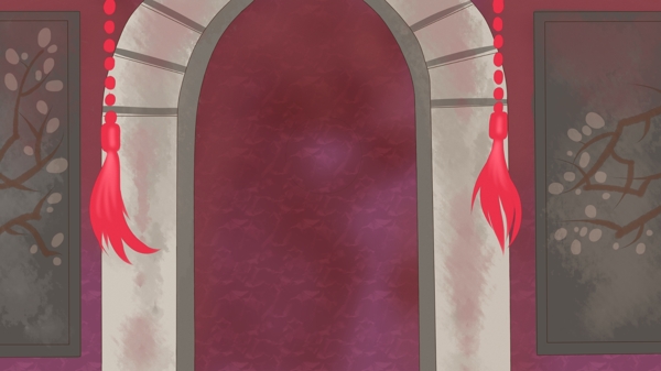 一扇石拱门洞红色流苏装饰背景