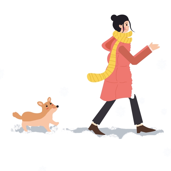 冬季女孩和小狗在大雪中散步