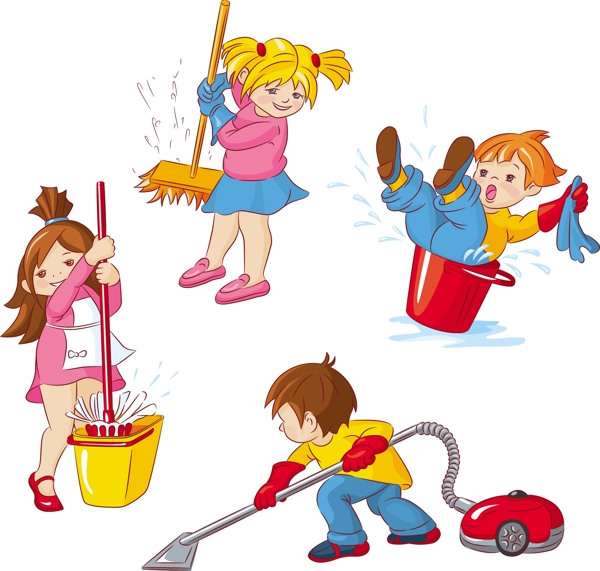 卡通孩子打扫卫生