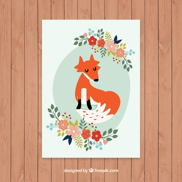 彩色花卉和狐狸卡片矢量素材