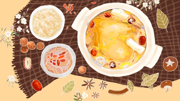 冬季美食美红枣味鸡汤小鸡炖蘑菇手绘插画