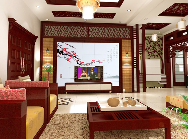 红色中国风客厅中式室内装修