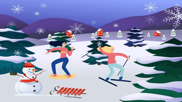 二十四节气大雪冬天你好滑雪矢量插画
