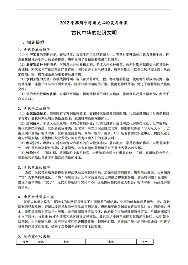 中考专区历史苏州中考二轮复习学案古代中华的经济文明