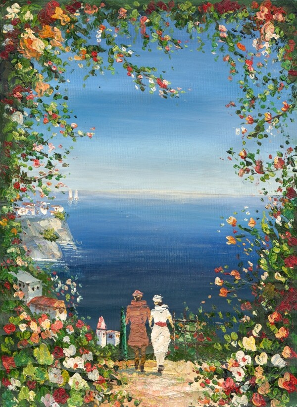 手绘地中海风景油画