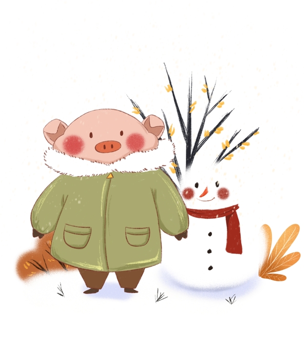 手绘小清新雪中的可爱猪和雪人下载