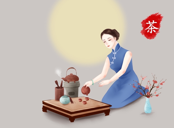 民国女子泡茶国风插画卡通背景