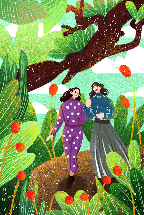 卡通两个女孩在树丛中行走背景
