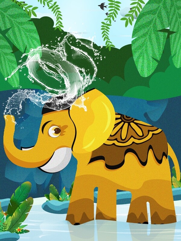 泼水节大象在水里面喷水玩水插画