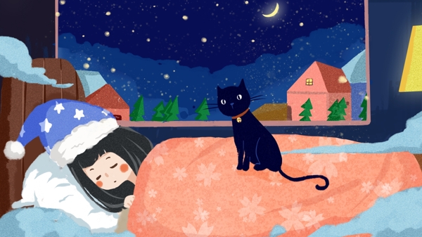 晚安你好小女孩与猫寂静的夜晚可爱插画