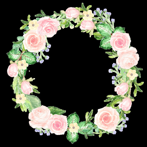 粉色雅致花朵手绘花环装饰元素