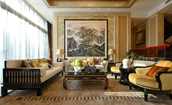 中式华丽室内客厅背景墙效果图