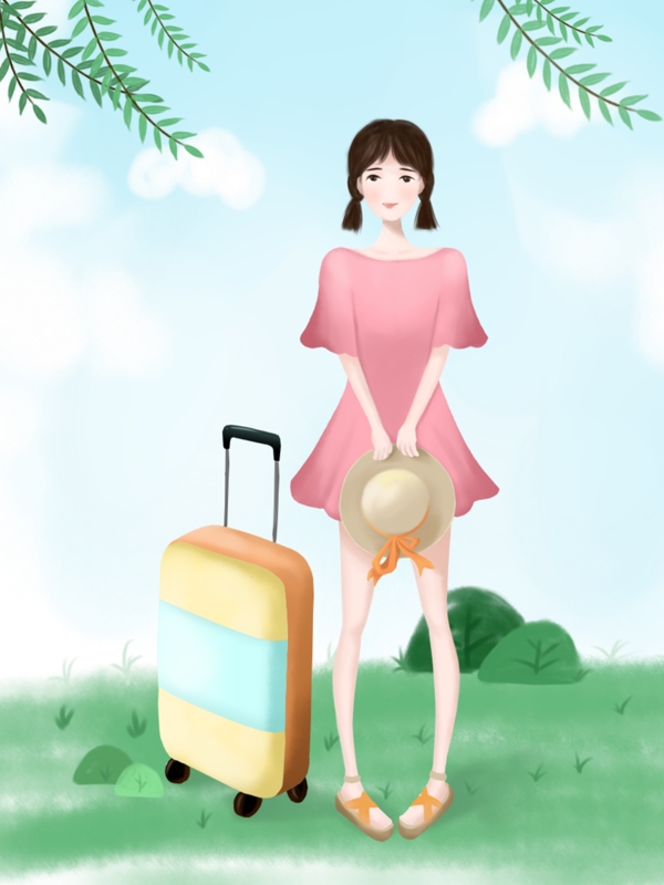 春天柳枝女孩旅行插画