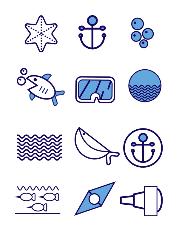 手机图标iocn蓝色航海风小鱼海浪锚元素